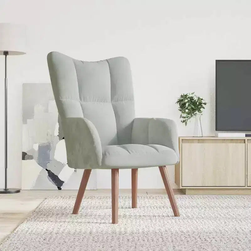 vidaXL Modern Light Grey Velvet Armchair with Wooden Legs, Thick Padded Foam Seat, Aesthetic Blocks on Backrest - Light Gray