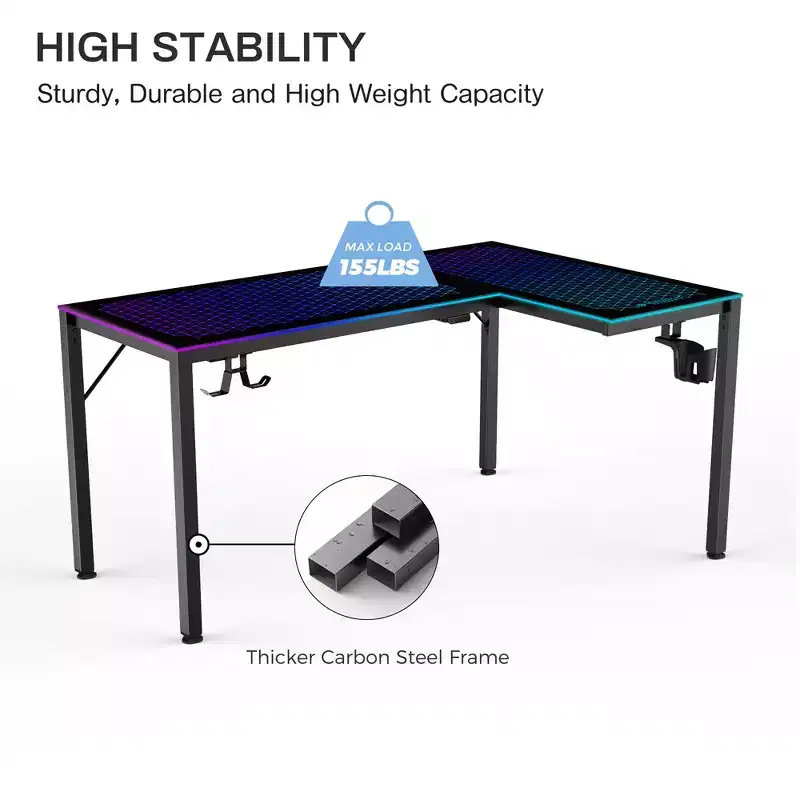 GTG-L60, 60x23 L Shaped Glass Desktop Gaming Desk,Black,48.54 D x 60'' W x 30 H