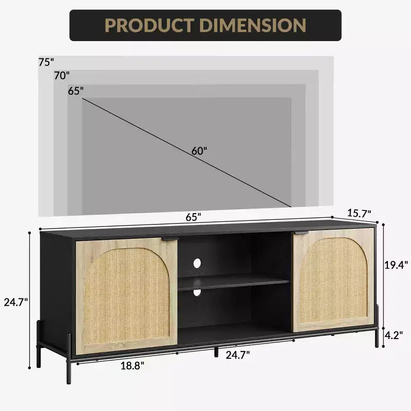 TV Stand with 3 Drawers - Rattan Media Console with Metal Legs, Black