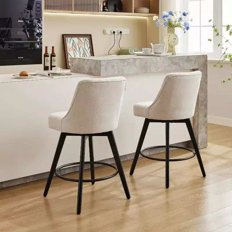 Modern Swivel Bar Stools , Upholstered, Footrest, Backrest and Metal Legs, Modern Counter Height Barstools for Bar, Kitchen Island