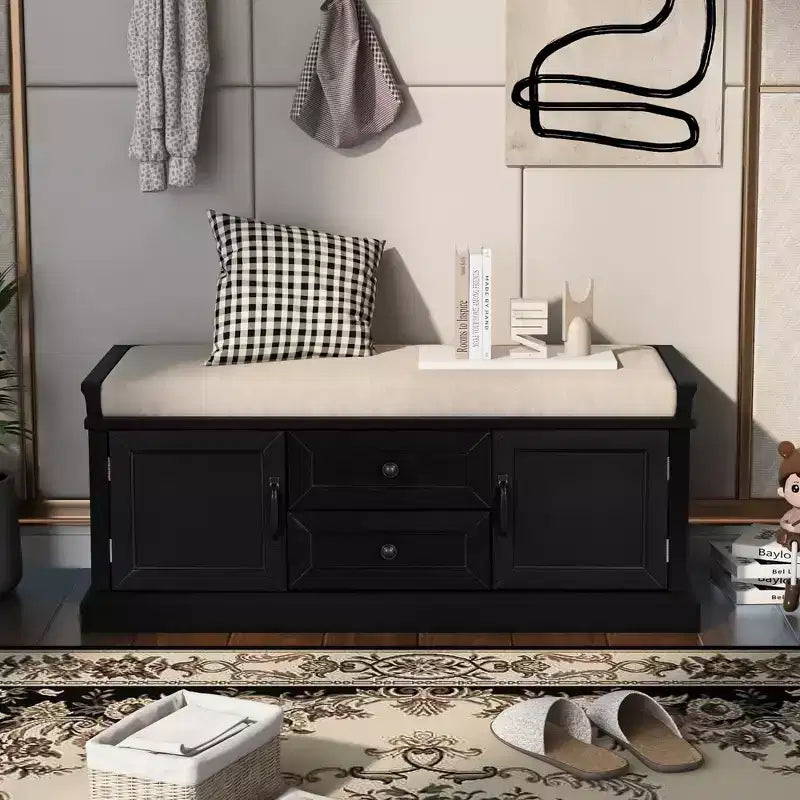 Shoe Storage Bench with 2 Drawers, 2 Cabinets, Removable Cushion for Living Room Entryway Hallway Foyer Laundry Room, 200 lbs Capacity