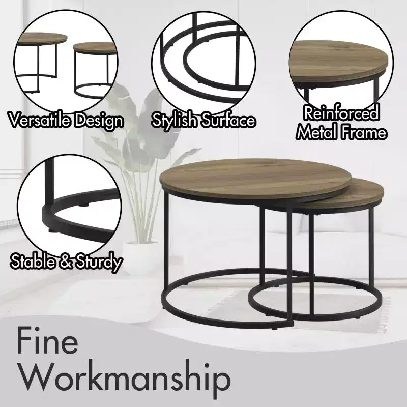 Nesting Coffee Table Set of 2, 27.6inch Round Coffee Table Wood Marble Pattern Top with Sturdy Metal Frame, End Table Side Tables