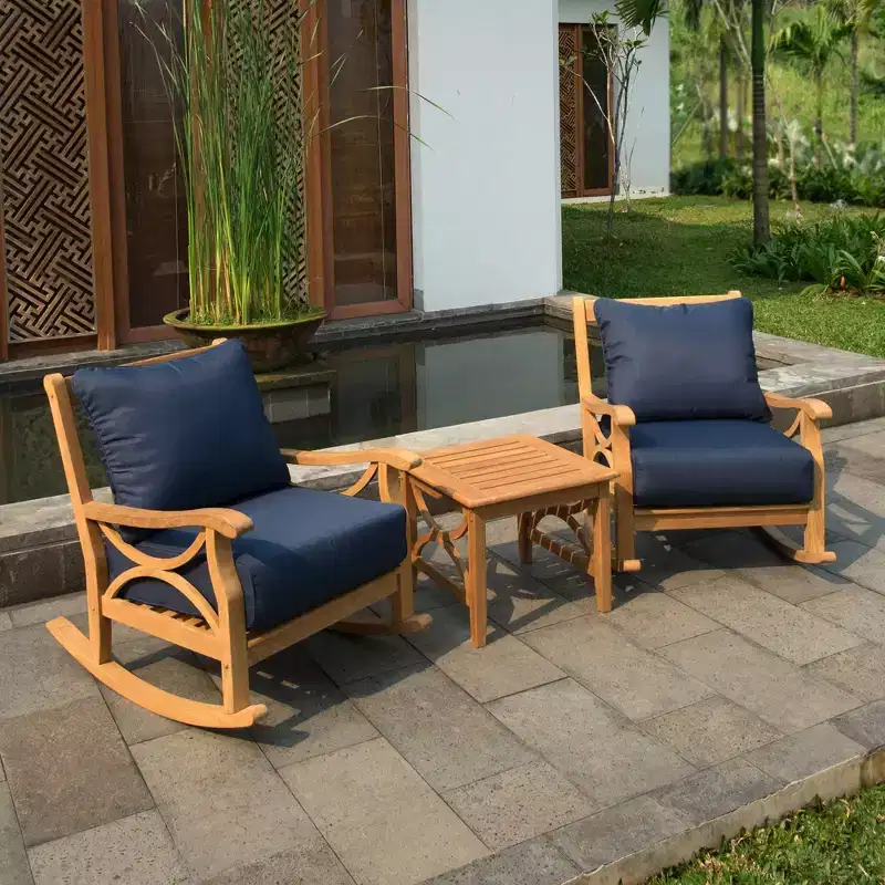 Sonoma Lane Alamo 3pc Teak Outdoor Rocker Conversation Set – Weather-Resistant with Zippered Navy Cushions and Side Table