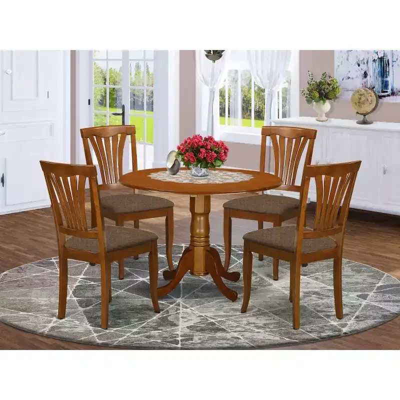 HomeStock 5-Piece Round Saddle Brown Finish Solid Wood Top Dining table with 4 Chairs