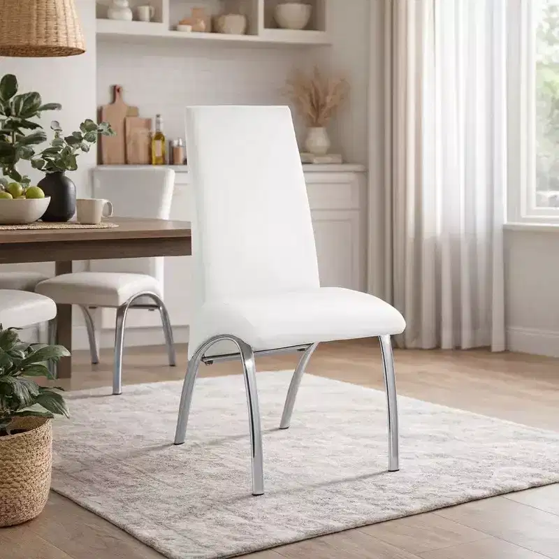 Royal Hampton Polyurethane Upholstered Metal Side Chair, Set of Two, White and Silver
