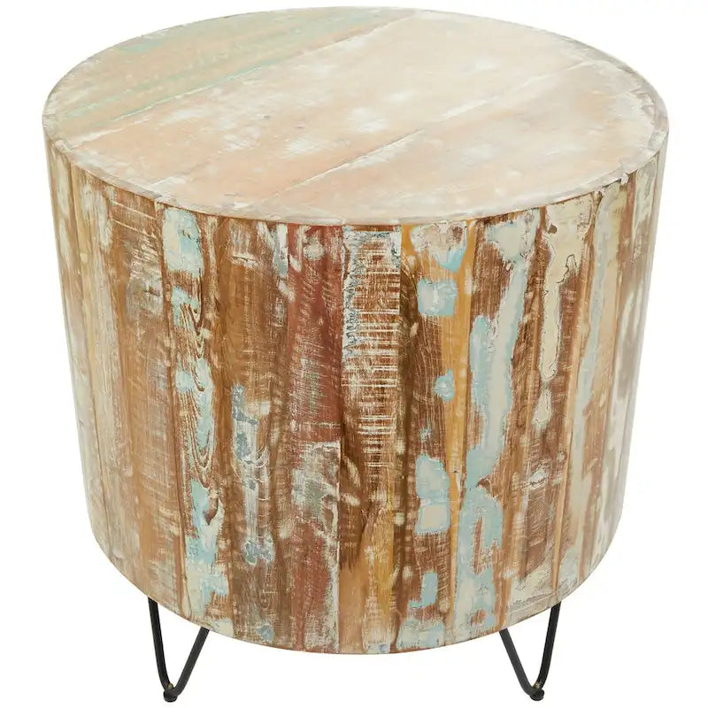 Handmade Mango Wood Distressed Coffee Table | Black Hairpin Legs | 36.5 Round | 100 lb