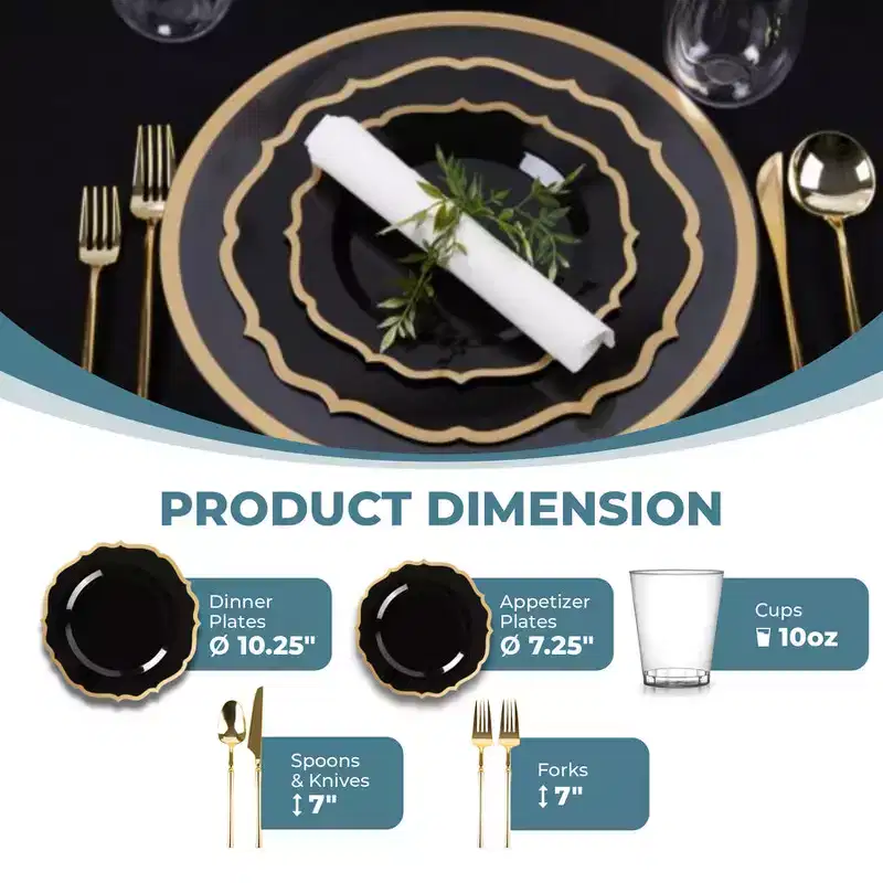 Posh Setting 420 Piece Black And Gold Plastic Party Bundle - Contemporary (60 Settings)