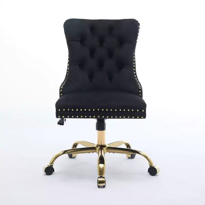 Adjustable Desk Chair Swivel Office Chair, Modern Velvet Upholstered Tufted Button Home Office Chair with Golden Metal Base (Black)