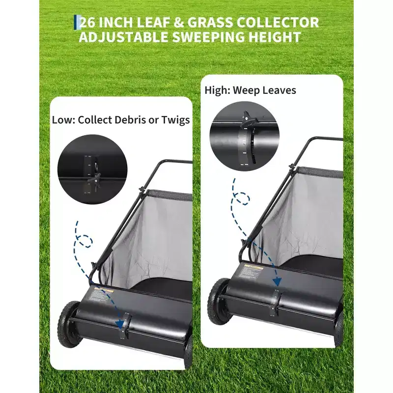 26-Inch Manual Lawn Sweeper 4 Brush Rolling Leaf Collector Large 7 Cu Ft Hopper Bag Yard Garden Cleanup Tool