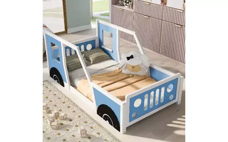 TUYOHW Twin Size Floor Bed Frame, Classic Car-Shaped Platform Bed Frame with Decorative Wheels & Side Doors, Sturdy Pine Wood Kids Bed Toddler Bed
