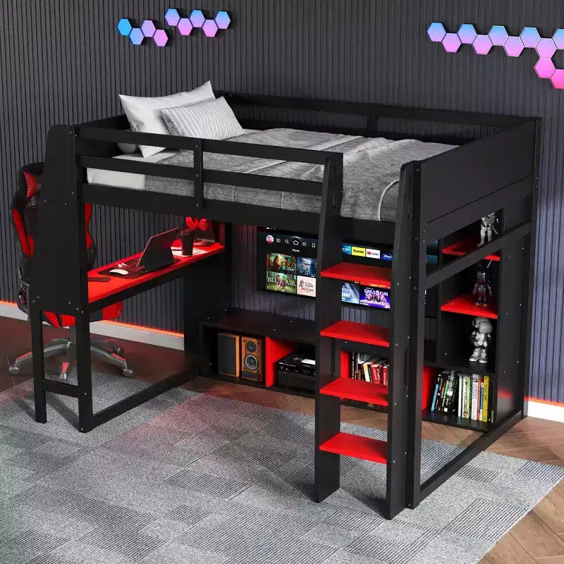Twin/Full Size Gaming Loft Bed with Desk, LED Lights, Storage Shelves & Hanging Clothes Rack