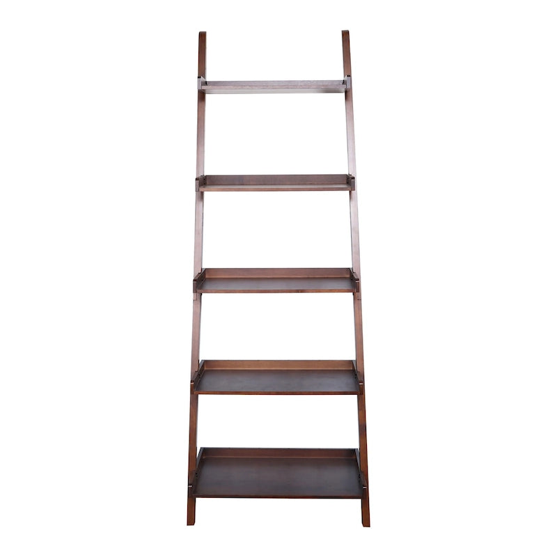 5-Tier Leaning Ladder Shelf Bookcase with Solid Wood Legs