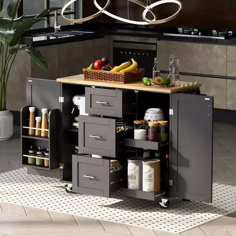 50 Length White Rolling Kitchen Island Kitchen Cart with Storage Rubber Wood Top 3 Drawer 2 Slide-Out Shelf