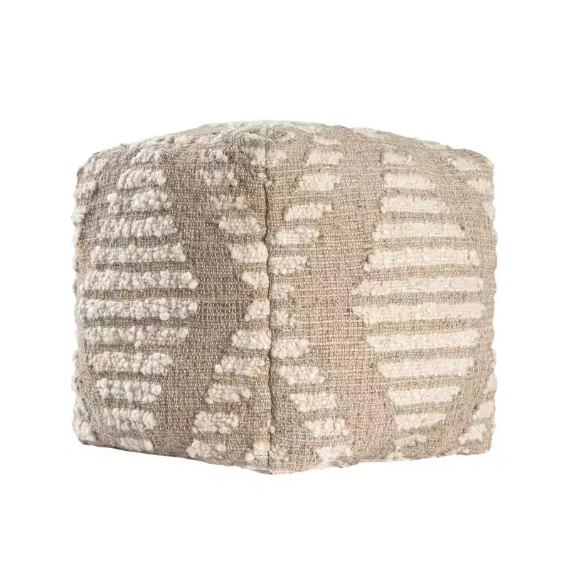 HomeRoots 18 Ivory and Natural Cotton Jute And Wool Geometric Cube Pouf Ottoman