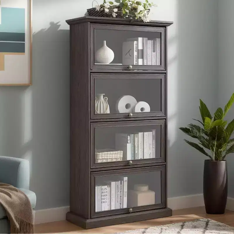 4 Tier Glass Display Cabinet Storage Curio Cabinet with Flip up Glass Doors, Collectors Showcase Toy Figure Organizers Rack, Bookcase for Living Room
