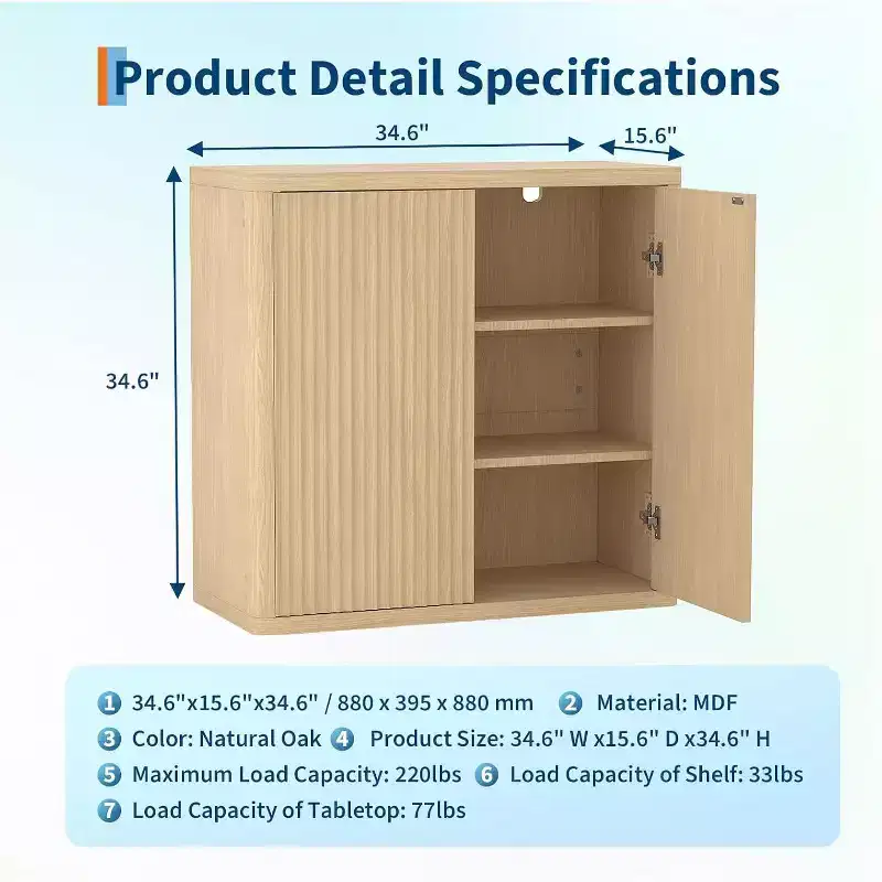 34.6-Inch Wooden Sideboard Buffet Cabinet with 2 Fluted Doors & Adjustable Shelves, Free Standing Coffee Bar for Dining Room Living Room