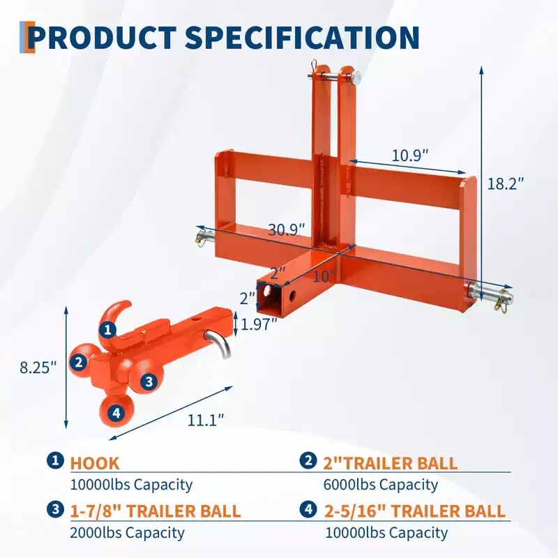 COZONY Heavy Duty 3Point Quick Hitch Receiver, Category 1 10,000 lbs Capacity with Weight Brackets & Towing Ball for Kubota Kioti Yanmar