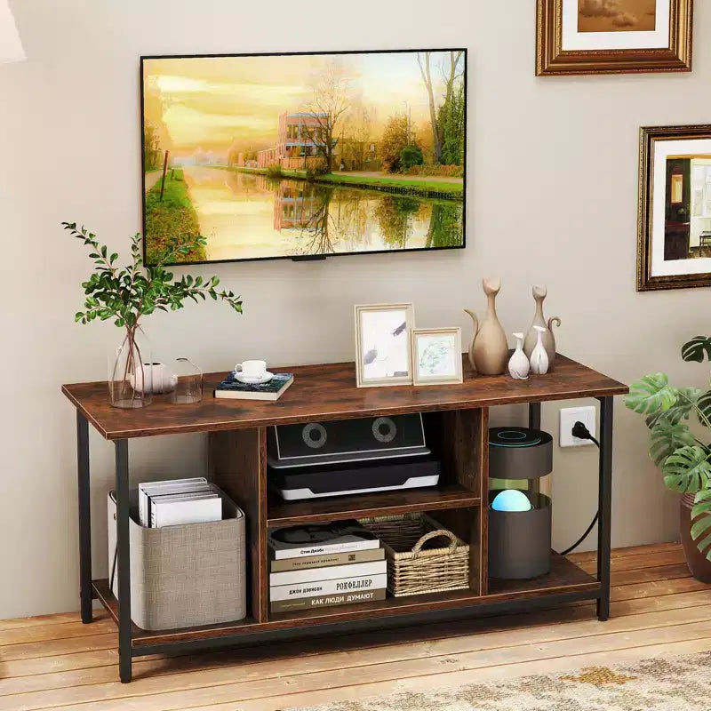 Costway TV Stand for TVs up to 50 Inches 3-Tier Industrial Entertainment Center with 2 Open Compartments & Adjustable Shelf with Power Outlet Brown