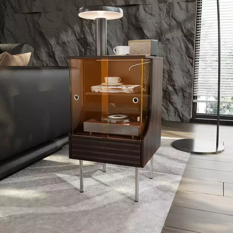 Retro-Modern Turntable Cabinet with Glass Doors, LED Lighting & Vinyl Storage