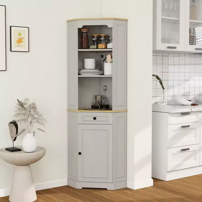 AndMakers Antique White Wood 17.71 in. Pantry Cabinet with 5 Shelves