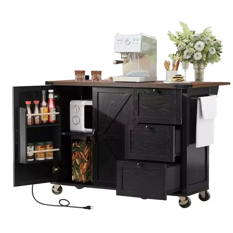 Whisen Farmhouse Style Kitchen Cart Island with Drop Leaf and Locking Wheels
