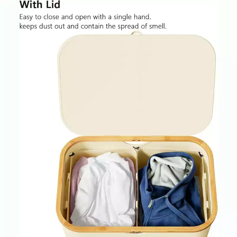 Laundry Hamper 2-compartment with 2 Removable Bags, 160L Collapsible Basket with Lid and Bamboo Handles  SpaceAid