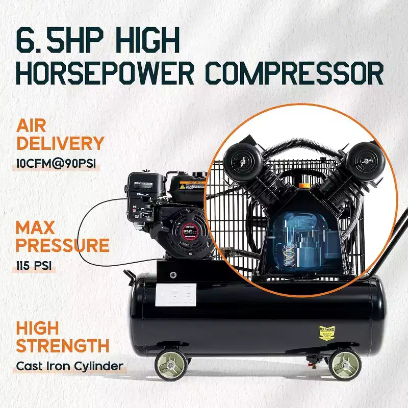 AMERLIFE 6.5HP Gas Air Compressor, 8/20 Gallon Portable Horizontal Tank with Wheels, 115PSI 196cc Engine for Workshop & Construction