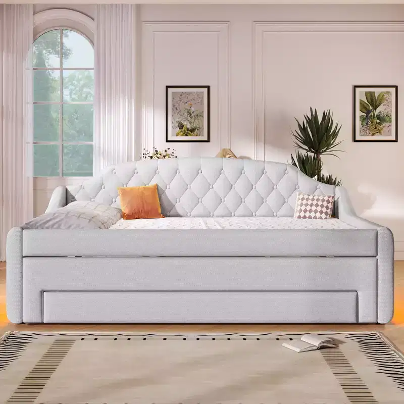 Padded Full Size Daybed Bed Upholstered Sofa Bed with Storage Drawers, Trundle Bed & LED Belt - ModernLuxe