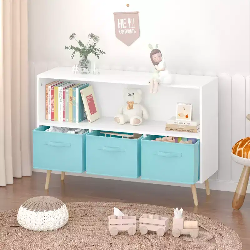 Kids Bookshelf with 3 Cloth Drawers, Multi-Purpose for Books/Toys, Wall-Mounted Safety Buckle, High-Density MDF