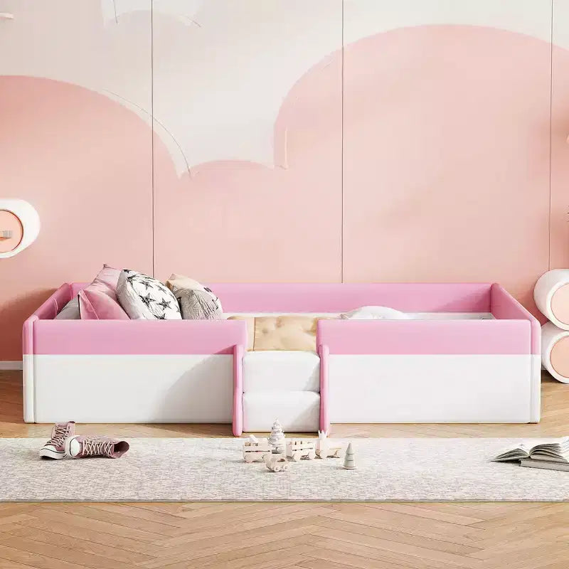 Twin/King Upholstered Daybed Frame with Fence and Stairs, Montessori Kids Floor Bed with Sturdy Slat Support, Pink+White