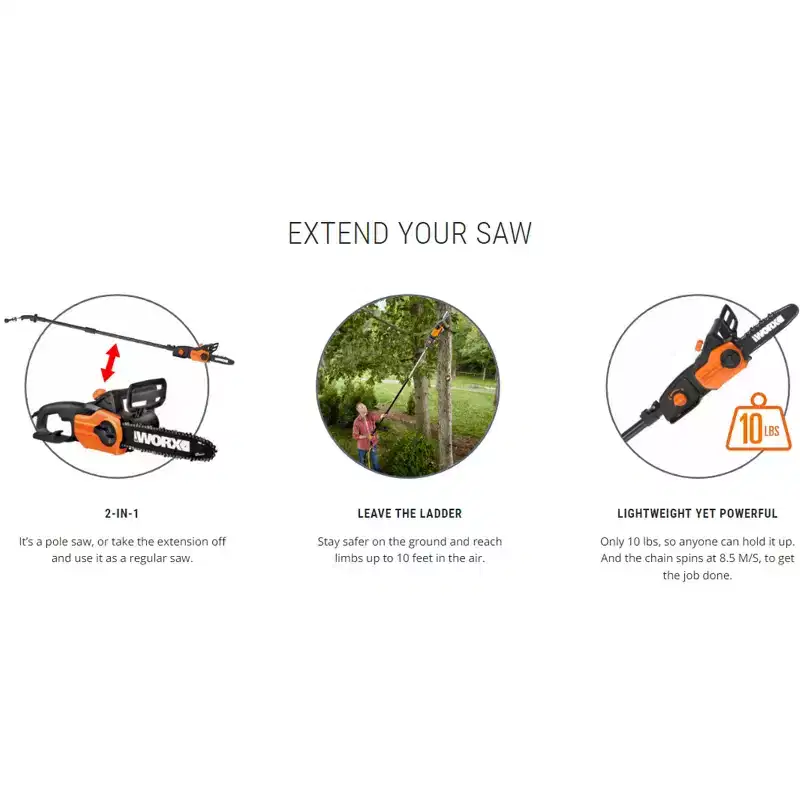 Worx WG311 10 2 in 1 Electric Chainsaw and Pole Saw Attachment with Auto-Tension, Rotating Handle and Safety Chain Brake