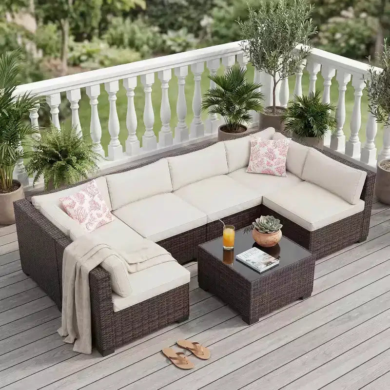 7 Piece Outdoor Patio Furniture Set, PE Rattan Wicker Sectional Sofa Set with Thick Cushions & Coffee Table, Modular Conversation Set for Garden