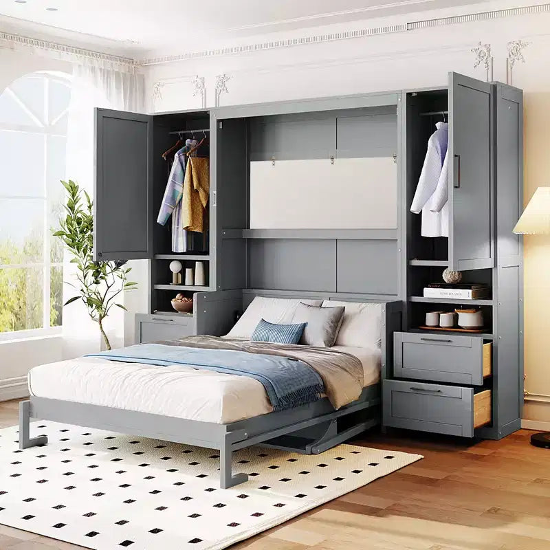 Full Murphy Bed with Closet, Storage Drawers and Shelves for Guest Room or Office