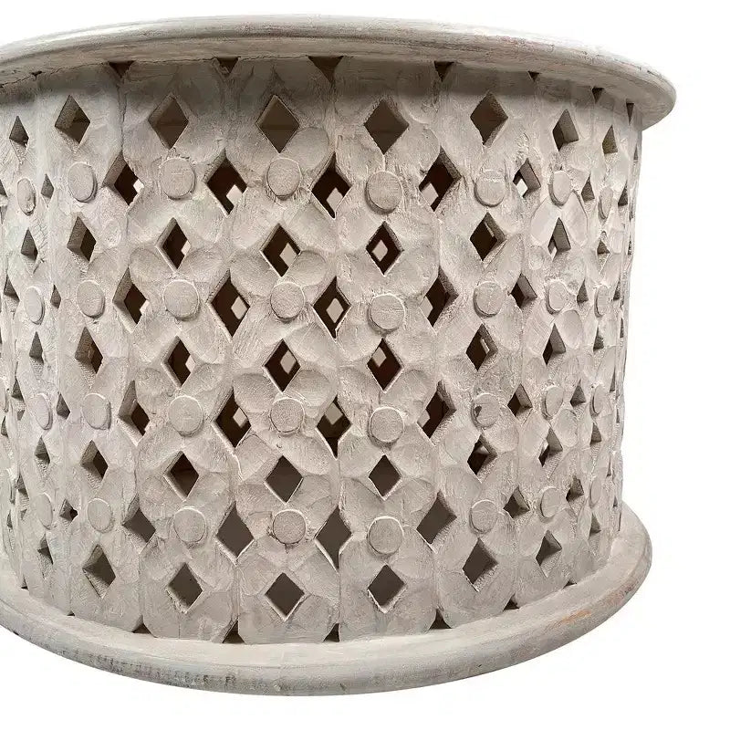 Royal Hampton 28 Artisanal Round Mango Wood Coffee Table, Intricate Diamond Lattice Cut Out Frame