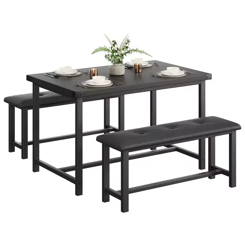 3 Piece Dining Table Set for 4, 44 Kitchen Table with 2 Benches, Wooden Rectangular Kitchen Table Set, Space Saving Breakfast Table, Black