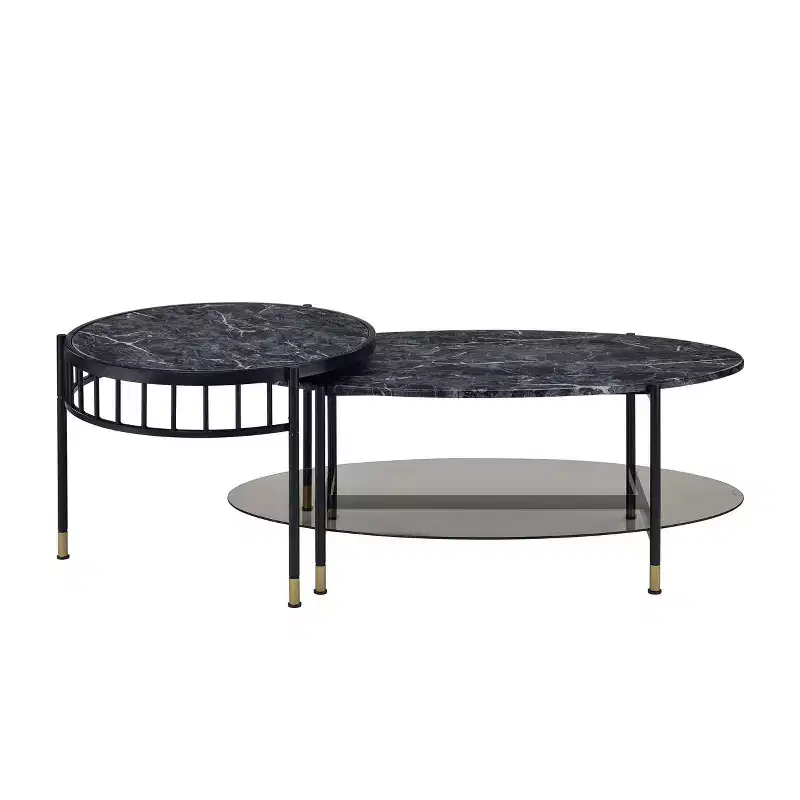 Acme Furniture 40" Silas Accent Table Set with Shelf: Faux Marble, Round, Metal Base