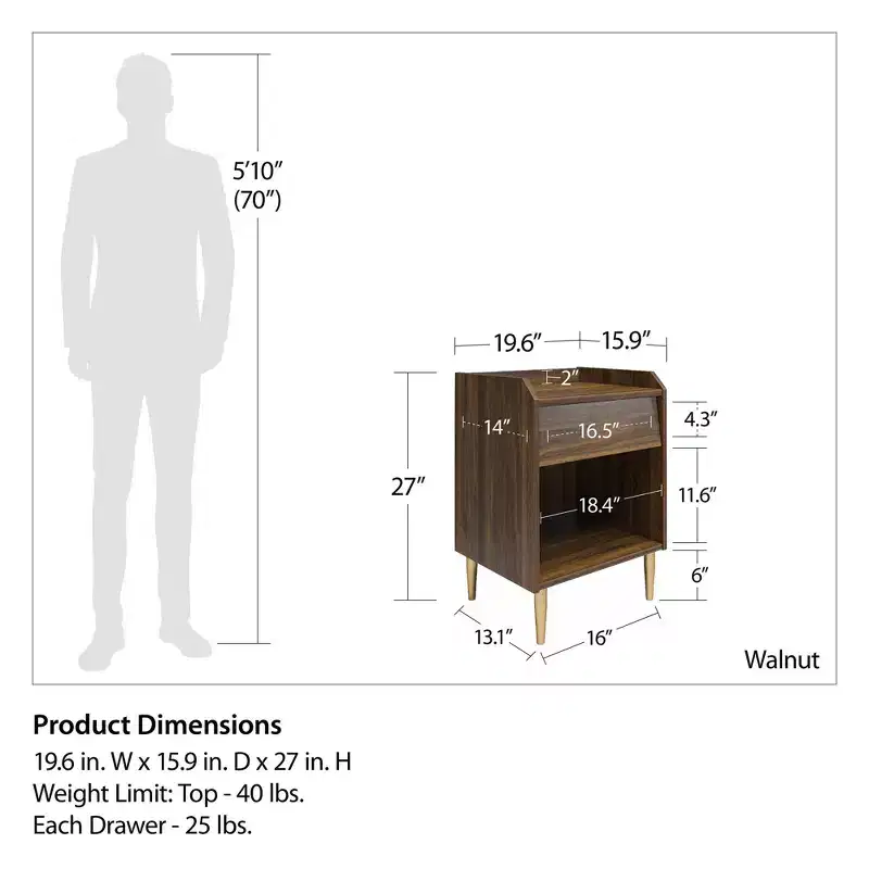 Max & Finn Remy Nightstand, Walnut