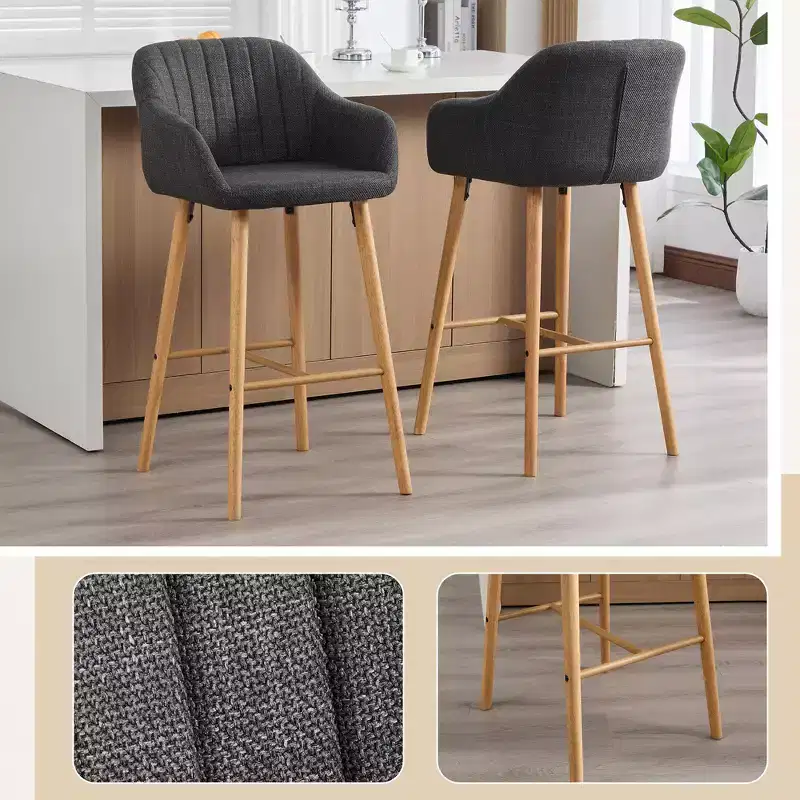 Zeus & Ruta Modern Linen Upholstery Bar Stools Set of 2 with Back, Armrest & Wood Legs, Kitchen Island Height