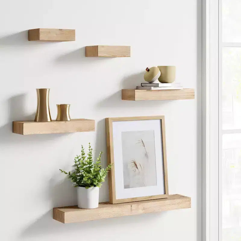 Set of 5 Wall Shelf Natural, Modern MDF Floating Shelving, Includes Mounting Hardware