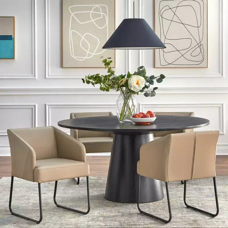 Buylateral Lucine 5pc 59" Modern Round Dining Set Black Table with Khaki Leather Dining Chairs