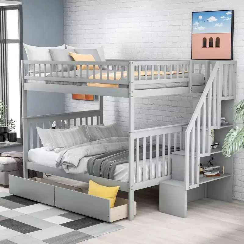 Whisen Full over Full Bunk Bed with Two Drawers and Storage Staircase