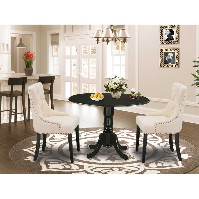 HomeStock 3-Piece Round Black Finish Solid Wood Top Dining Table with 2-Parson Chairs with Drop Leaf