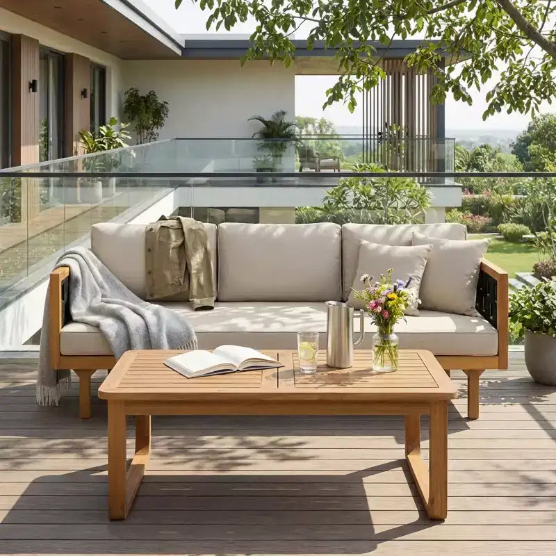 Christopher Knight Home Marsh Patio Modern Acacia Wood 2-Piece Seating Set with Rope 3-Seater Sofa and Coffee Table