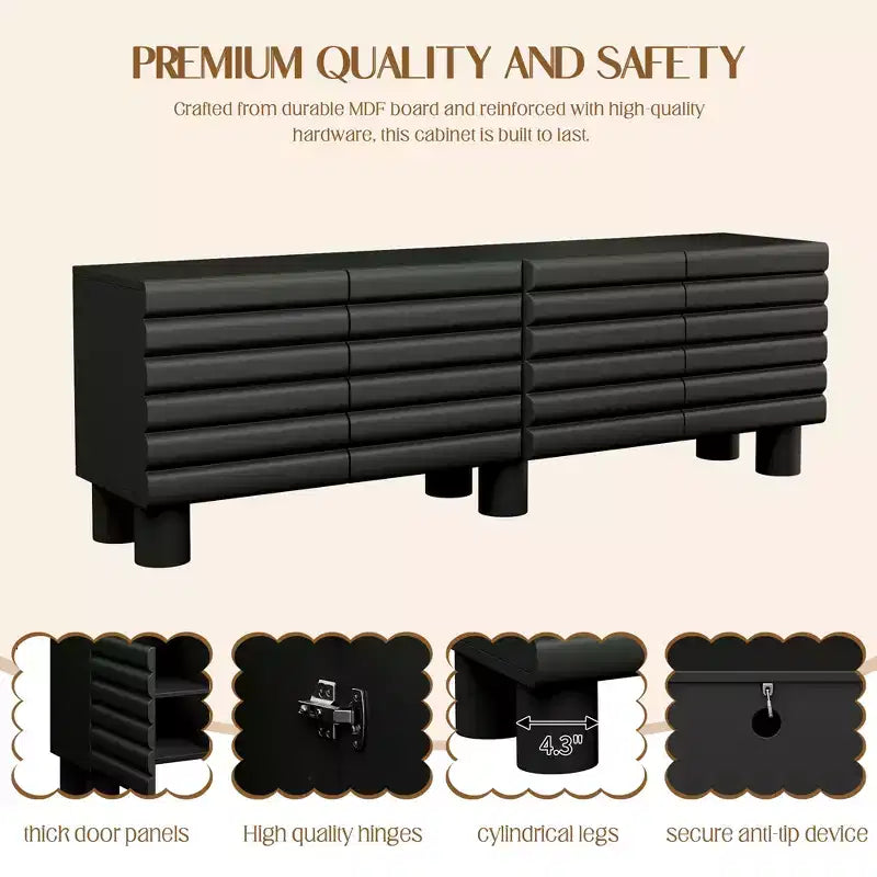 70.8 Modern TV Stand �C 4 Storage Cabinets, Wave Doors, Cable Management, Black