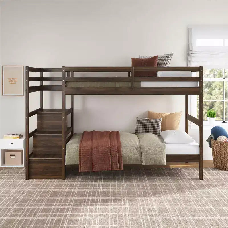 Max & Finn Zaire Twin over Twin Wood Bunk Bed with Shelf Stairs