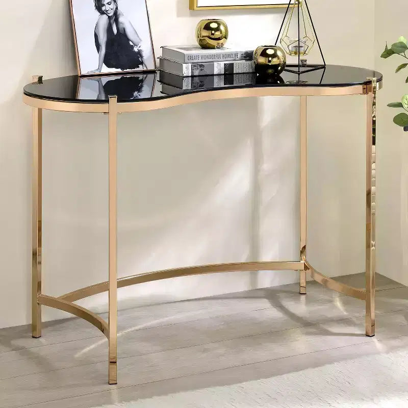 44 Gold Writing Desk with Tempered Glass Top & Steel Frame, Modern Home Office Desk