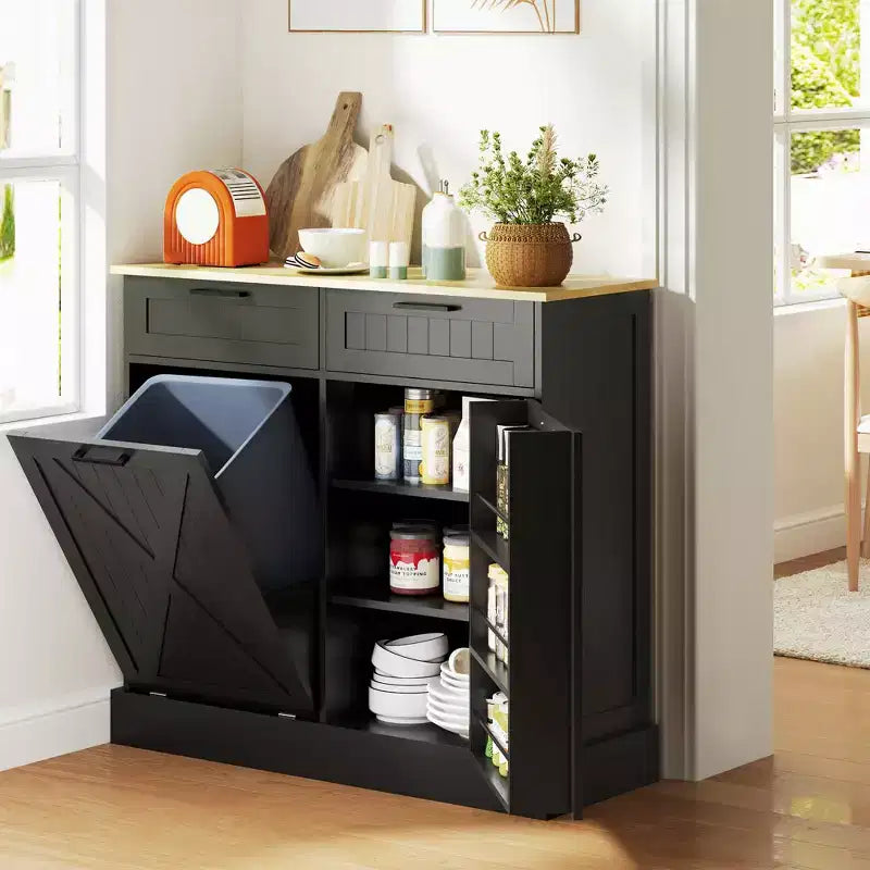 10 Gallon Farmhouse Kitchen Cabinet with Hidden Trash Can and 2 Drawers, Tilt Out Trash Can Cabinet for Kitchen