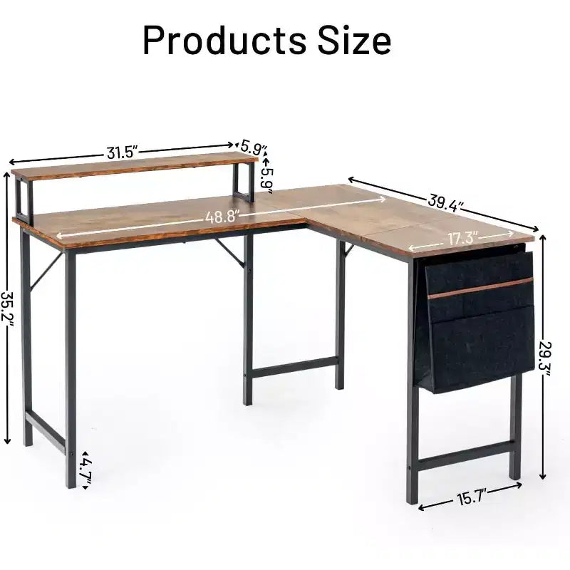 FurnitureR L Shaped Computer Desk Reversible, Corner Desk with Storage Bag, Home Office Desk Writing L Table 48.8 Inch Computer Desk with Shelf, Brown
