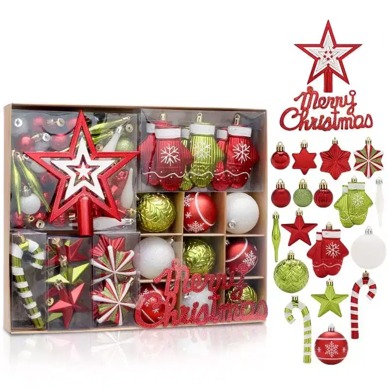 70ct Christmas Tree Ornaments Set, Red White Christmas Decoration Balls, Shatterproof Plastic Xmas Decorations with Hanging Hooks for Holiday, Party
