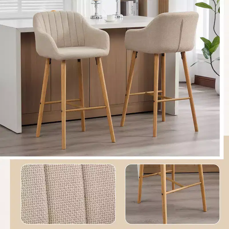 Zeus & Ruta Modern Linen Upholstery Bar Stools Set of 2 with Back, Armrest & Wood Legs, Kitchen Island Height